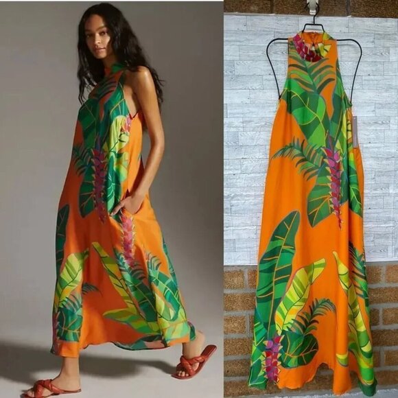 FARM RIO ANTHROPOLOGIE Tropical Leaves Print Halter Maxi Dress XXS Orange - Picture 1 of 14